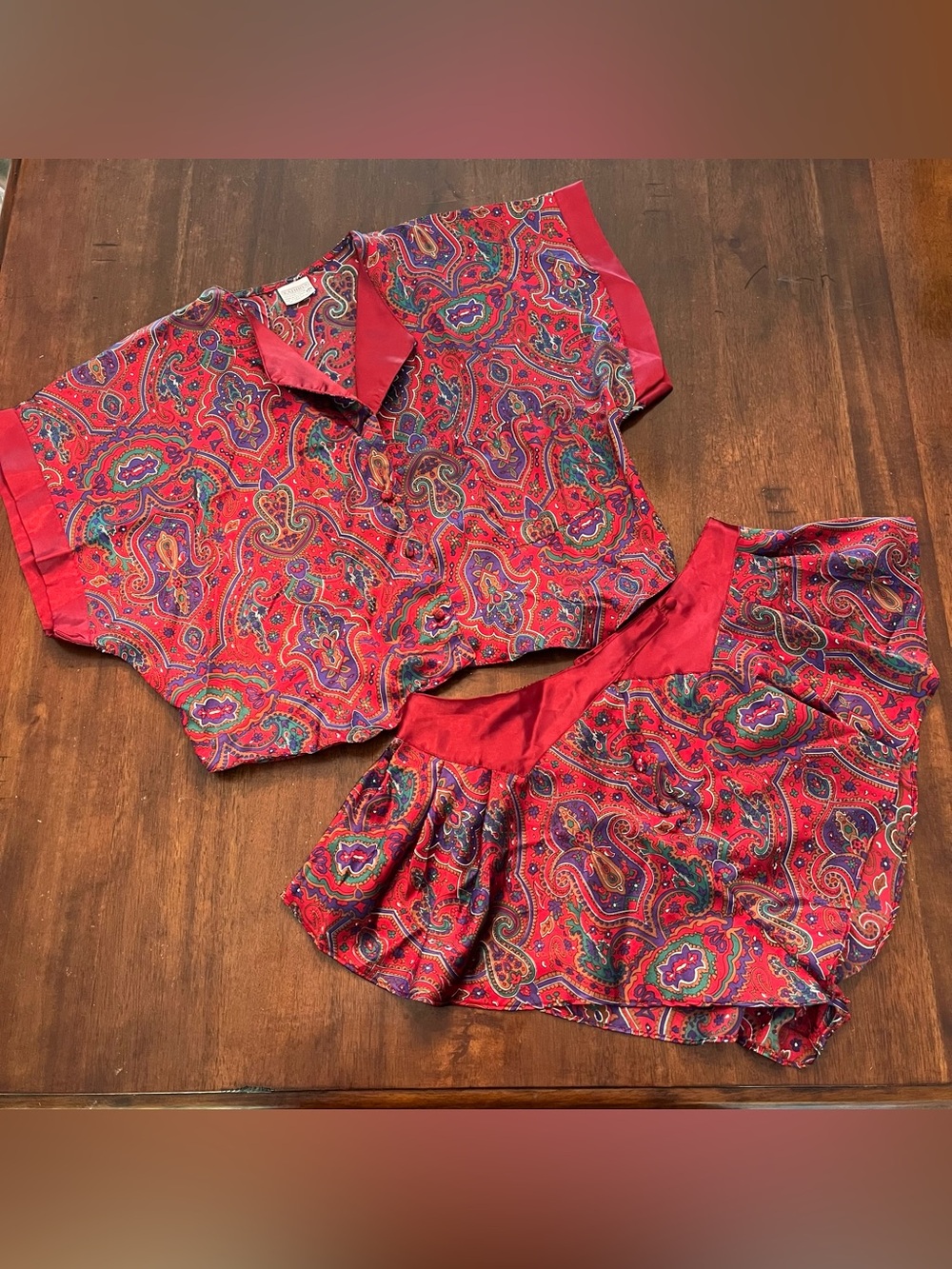 Vtg 90s Kathryn Lingerie Red Multi Paisley Satin Top & Shorts Set Size M